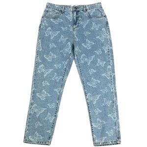 High Rise Tapered Leg Mom Jean Butterfly Print Light Blue Wash Cotton:On Size 8